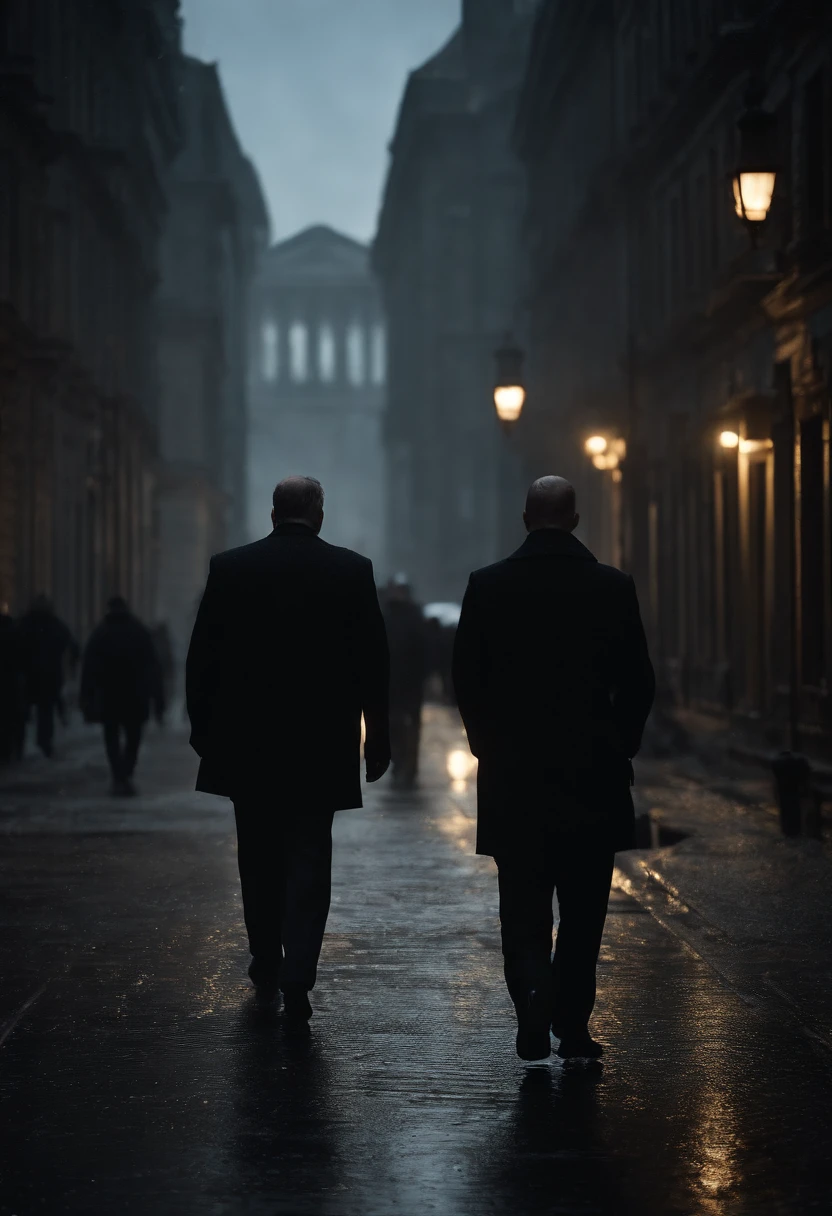 "(best quality,highres,masterpiece:1.2),dark and dramatic scene,imposing Russian mobster,night,stormy weather,strong and intimidating figure,wearing a sharp suit,piercing eyes,menacing expression,aged and weathered face,shadows and flickering lights in the background,mysterious atmosphere,suspenseful ambiance,eerie silence,moody lighting,ominous clouds,heavy rain,city skyline in the distance,gritty and sinister feel,damp streets,secrets hidden in the darkness"