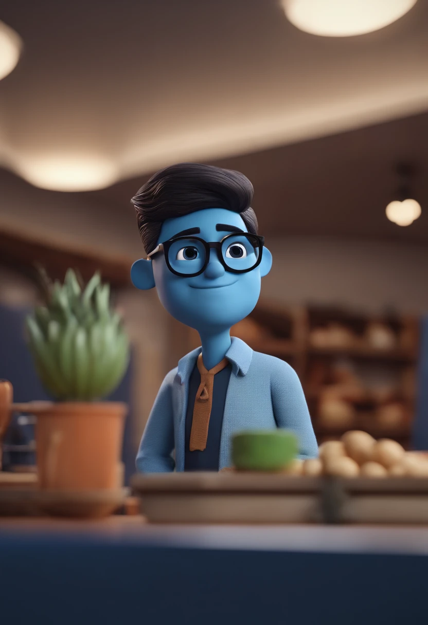 Cartoon character of a man wearing black glasses and a blue shirt, um personagem animado, Caractere estilizado, animation style rendering, 3D estilizado, Arnold Maya render, 3 d render stylized, toon render keyshot, Personagem 3D, Personagem 3D, 3d rendering stylized, 3 d character render, personagem de desenho animado, Personagem de close up, Pose de personagem, (Estilo Pixar) (master part:1.2) (Bokeh) (best quality) (pele detalhada) (textura detalhada) (8k) (argila) (Cinematic lighting) (foco nítido,Senta e vaza a parte superior do corpo
