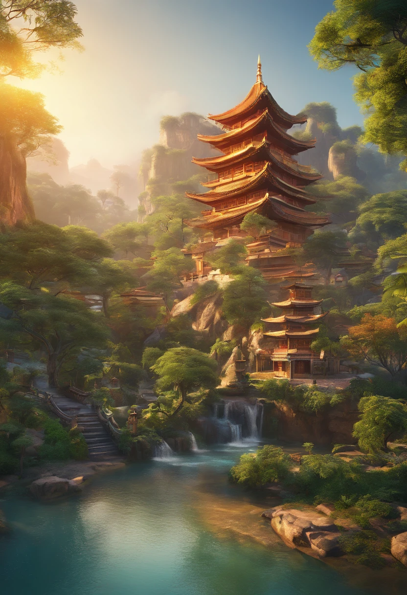 2. Vista para a montanha com cachoeira e pagode no meio, cena pintada por Han Gan, Vencedor do concurso CG Society, arte de fantasia, Cidade chinesa sonhadora, Paisagem chinesa, Fantasia chinesa, made of trees and fantasy valley, vista antiga da cidade, ordem Paisagem de fantasia impressionante, most epic landscape, Pagode na Colina, ambiente de selva montanhosa, paisagem do avatar, Vila Chinesa.