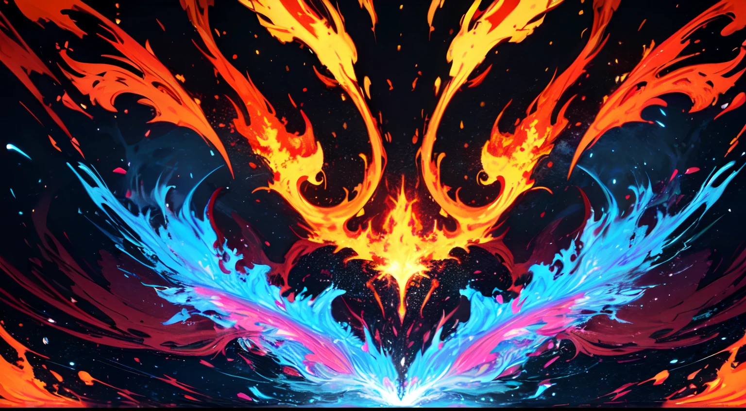 bilaterally symmetrical、VS,Background red、Background Fire、Facing、Half Blue Flame、Half Pink Flame、Close-up of fire on black background and black background, Frame fractals, Highly detailed generative art, Flame texture, Complex overlay flame image, Hell Background, abstract paintings. 8K, Fractal fire background, Swirling flames in the background, Paint pours smoke, swirling fire, Digital Art 4K Anxiety, Some smoke and fire, houdini algorithm generative art，fluids