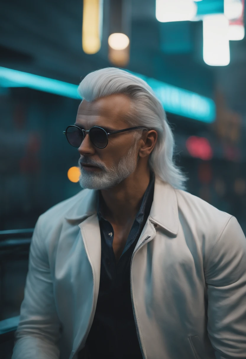 Raw 16k ultra HD cores vivas ultra obra-prima, 1.12), Describe the emotions captured in the close-up of a white-haired man's face, flawless haircut and glasses, ostentando uma barba branca bem cuidada, enquanto usava uma jaqueta inspirada no jogo Cyberpunk 2077. The setting reflects the game's dystopian futuristic environment, with elements characteristic of the city of Cyberpunk 2077.