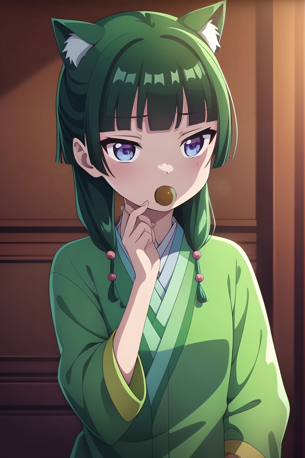 masuter piece, Best Quality, 超A high resolution, top-quality, Anime style, 1girll, Maomao, Chinese style kimono, Green outerwear, Blue eyes, Green hair, Yellow hair ornament in the hair, Hairstyle like cat ears, Pink eyeshadow at the corners of the eyes, (Cat mouth:1.3)