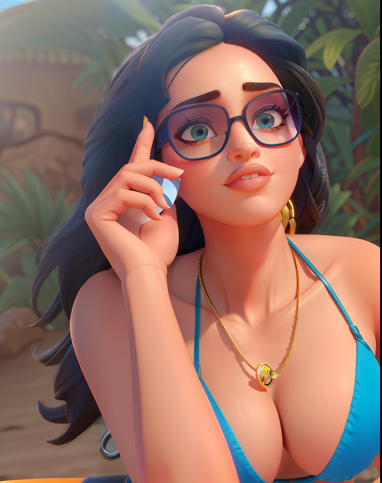 Uma linda mulher branca magra, Large sunglasses with dark lenses, bikini blue, rosto fino, longos cabelos negros cacheados, full lips with lipstick, Serious Woman Can, with a golden chain around his neck, com um fundo da natureza, alta qualidade, Estilo Pixar, Disney
