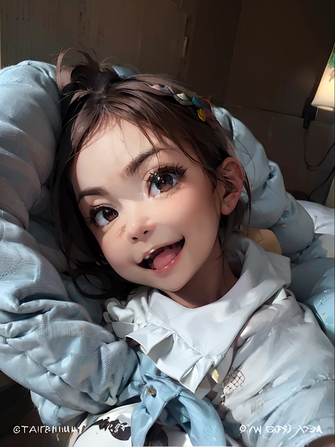 There is a girl who is lying on a bed, grande sorriso em seu rosto, she is smiling and excited, bochechas rosadas, bonito e sorridente, sorrindo de cima, muito animado, she is smiling and happy, happily smiling at the camera, muito bobo olhando, She is grinning, turning her head and smiling, sorriso muito grande, bochechas cheias