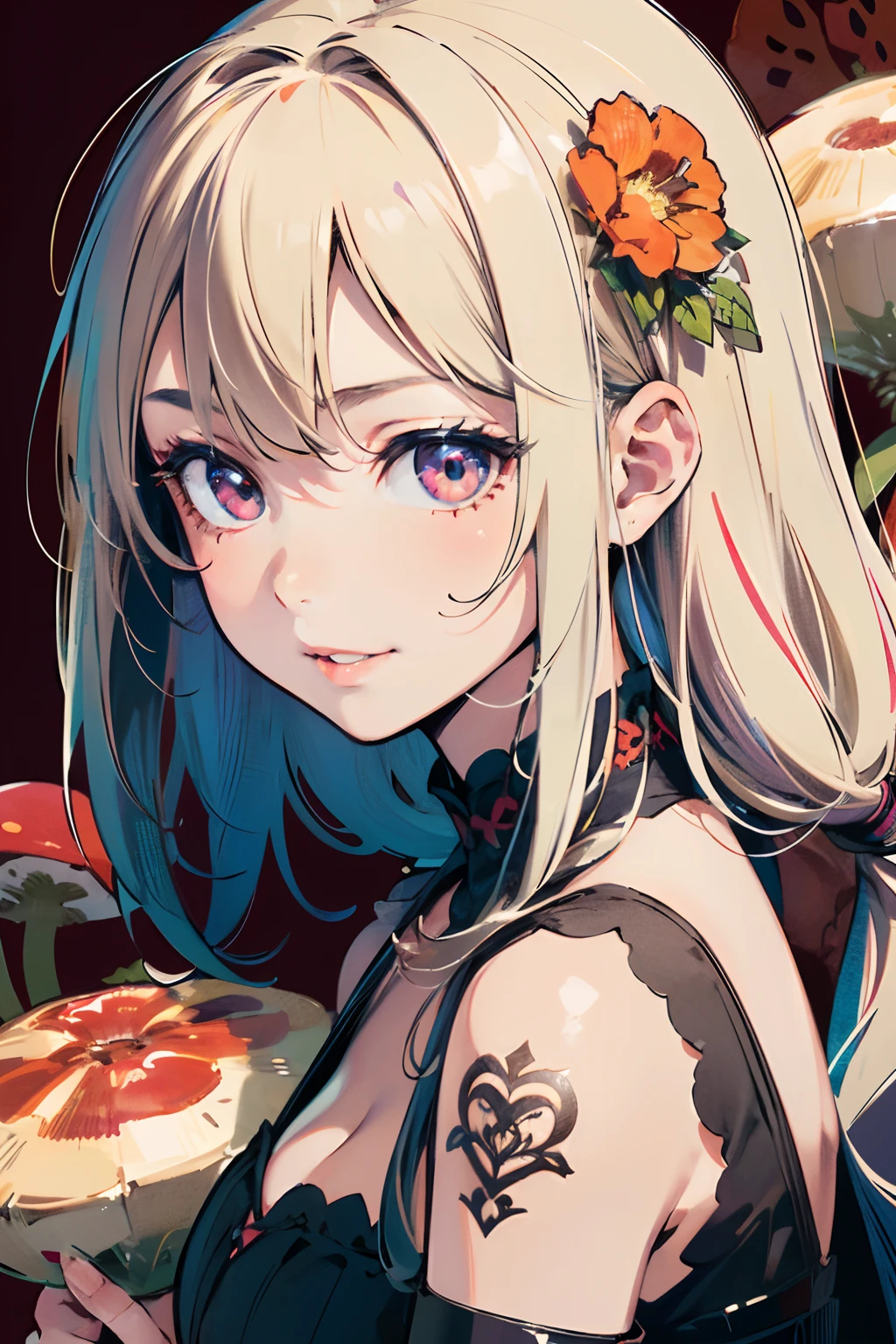a 20 yo woman、Blackberry Hair、long twintail、Big smile、cleavage of the breast、Thighs at a glance、fishnet tights、Long cheongsam with long purple ankles on open chest、(hi-top fade:1.3)、dark themed、Muted Tones、Subdued Color、highly contrast、(natural skin textures、Hyper-Realism、Soft light、sharp) (masterpiece, top quality, best quality, official art, beautiful and aesthetic: 1.2), (1girl: 1.3), very detailed, (fractal art: 1.1), (color: 1.1) (flowers: 1.3), (by Yuko Higuchi:1.4), Higuchi Yuko,(by Yoh:1.2),(lineart),line drawing,pen drawing,zentangle,(tattoo pattern:1.2),(Intricate lines),(masterpiece),(best quality:1.1), (ultra-detailed),best illustration,finely detail,hand drawn high quality,High contrast,(clean lines:1.3),ligne claire,(Portrait),(extremely close-up:1.1),1 girl,solo,A girl is surrounded by red mushrooms,(Intricate details:1.3),(detailed background:1.2),(colored background:1.1),sketch,Intricate details,High Resolution
