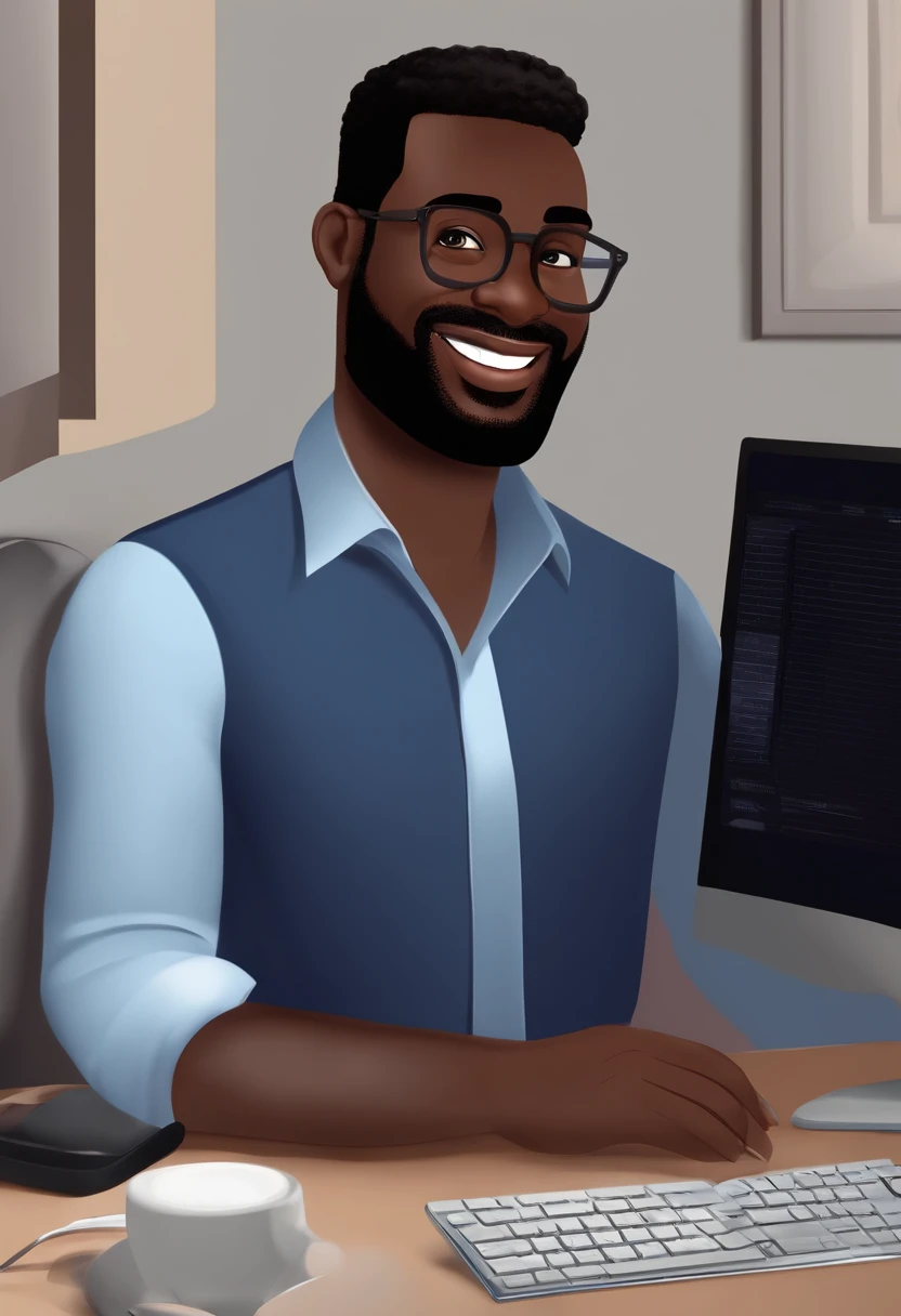 tall black man, no beard, dark blue shirt, smiling working on computer 3D disney cartoon