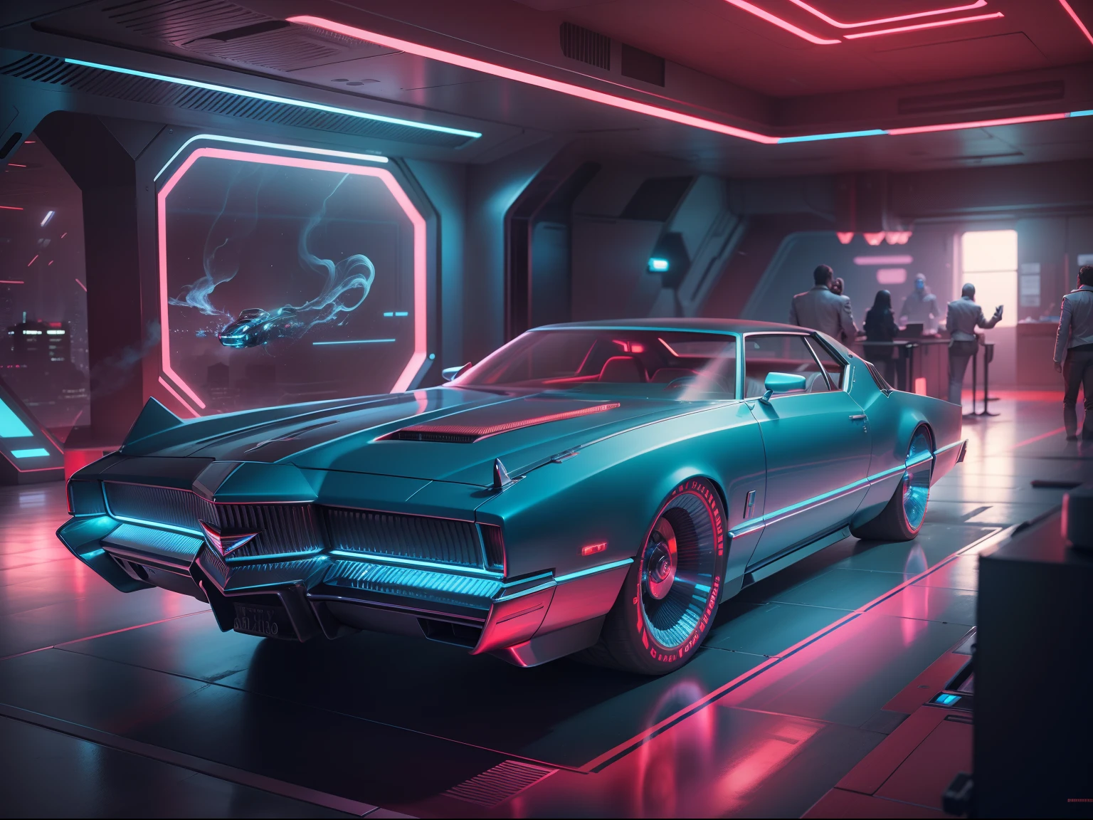 1970s style futuristic Cadillac supersonic, crimson colors, electric blue, smoky black, baby blue, full body shot, fantastic realism, robotic, hyperrealistic, cinematic lighting, futuristic interior design, robot, 8k