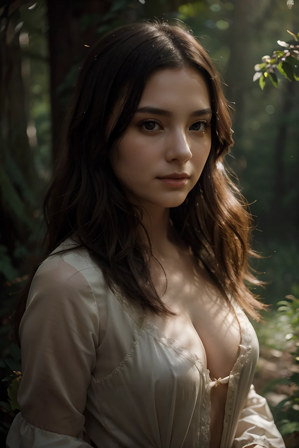 High quality, 8k ultra hd, Realistic portrait of a charming woman, The woman acted in a moonlight scene., Her features bathe in soft, The diffuse light highlighted the subtle nuances of her expression.. Pose from different angles, Capture every delicate contour of her face., intricate skin details , The complexity of her gaze, and hair that is stacked together, In this mysterious atmosphere, The artist uses da Vinci&#39;s mastery of shadow and light., Create a charming collaboration that emphasizes the mysterious aura surrounding a woman., Shadows danced across her features., It adds depth to her gaze and adds a touch of mystery to the composition., by yukisakura, Highly detailed,Symmetrical shape,full body,Pose Seduction,The fingers are beautiful and proportionate....,bright colors,Bokeh
