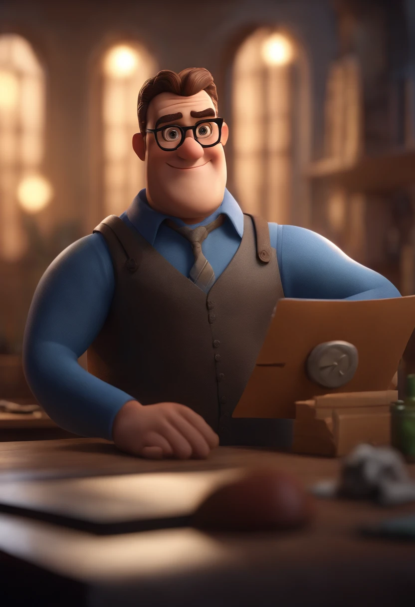 Cartoon character of a man wearing black glasses and a blue shirt, um personagem animado, Caractere estilizado, animation style rendering, 3D estilizado, Arnold Maya render, 3 d render stylized, toon render keyshot, Personagem 3D, Personagem 3D, 3d rendering stylized, 3 d character render, personagem de desenho animado, Personagem de close up, Pose de personagem, (Estilo Pixar) (master part:1.2) (Bokeh) (best quality) (pele detalhada) (textura detalhada) (8k) (argila) (Cinematic lighting) (foco nítido,Senta e vaza a parte superior do corpo