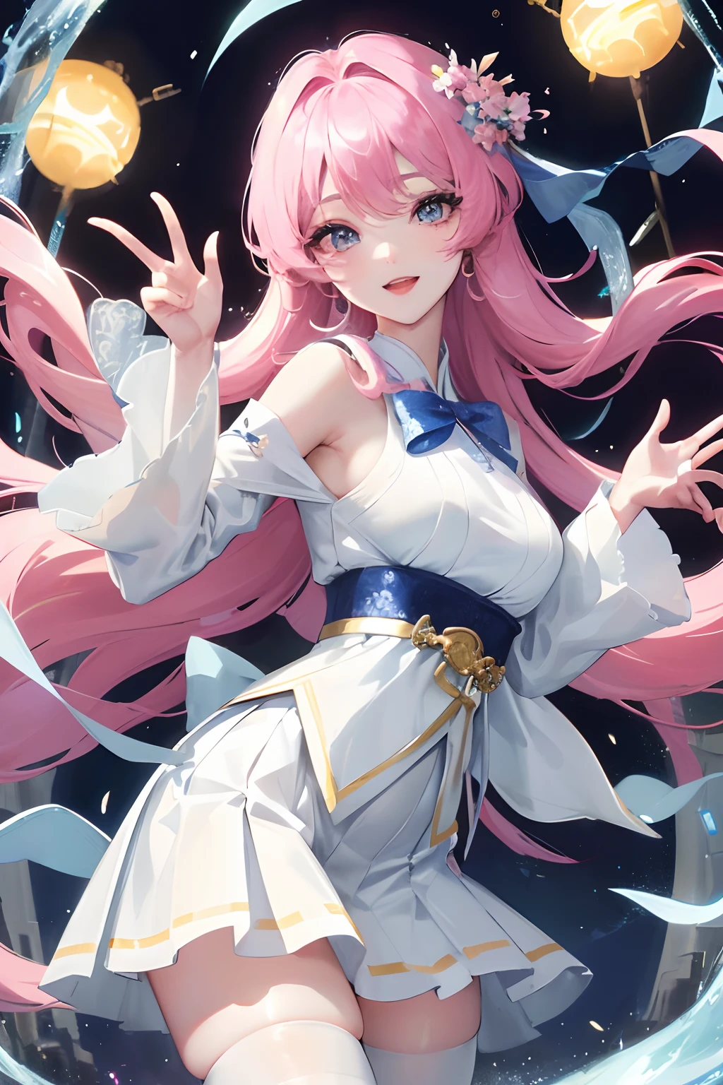 Official Art, masterpiece, foco nítido, (Beautiful gorgeous cute korean woman:1.3), (Beautiful cute korean woman:1.3), Korean beauty, Delicate Beautiful Hair and Eyes and Face, realisitic, ultra-detailliert, a beauty girl, blue-sky,Particles that glow white、(side lights:1.2)、suns、white clouds、Fine clouds、A slender、Beautiful breasts and big buttocks、Happy face, showing teeth and smiling、((Smile with your eyes、open both eyes))、landscapes、long straight hair、Sexy look、buliding、(A city scape:1.7)、Dynamic hair、Straight long hair、Fine platinum pink hair、Big blue eyes with sparkles、Fashionable clothes(Blue pleated shirt+White skirt)、White over-knee socks、de pele branca、hair adornments、majestic view、