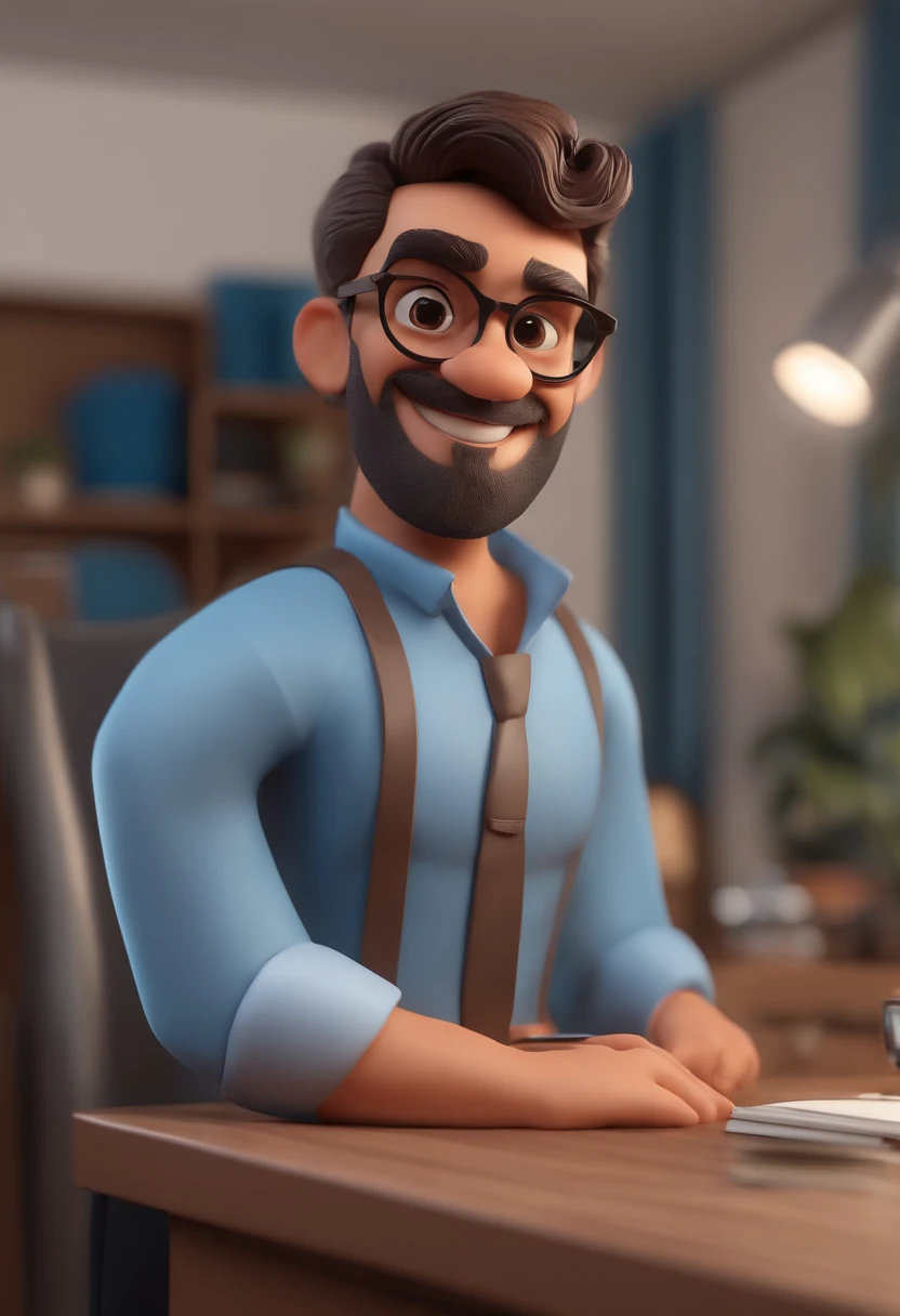 Personaje de dibujos animados de un hombre con gafas negras y una camisa azul, animation character, stylized character, Rendering animation styles, 3D estilizado, Arnold Maya render, 3D render estilizado, Toon renderizar keyshot, Personaje 3D, Personaje 3D, Renderizado 3D estilizado, Renderizado de 3 caracteres D, Personaje de dibujos animados, Personaje de primer plano, Pose del personaje, (estilo pixar) (Pieza maestra:1.2) (Bokeh) (La mejor calidad) (Piel detallada) (Textura detallada) (8k) (arcilla) (cinematic lighting) (foco nítido