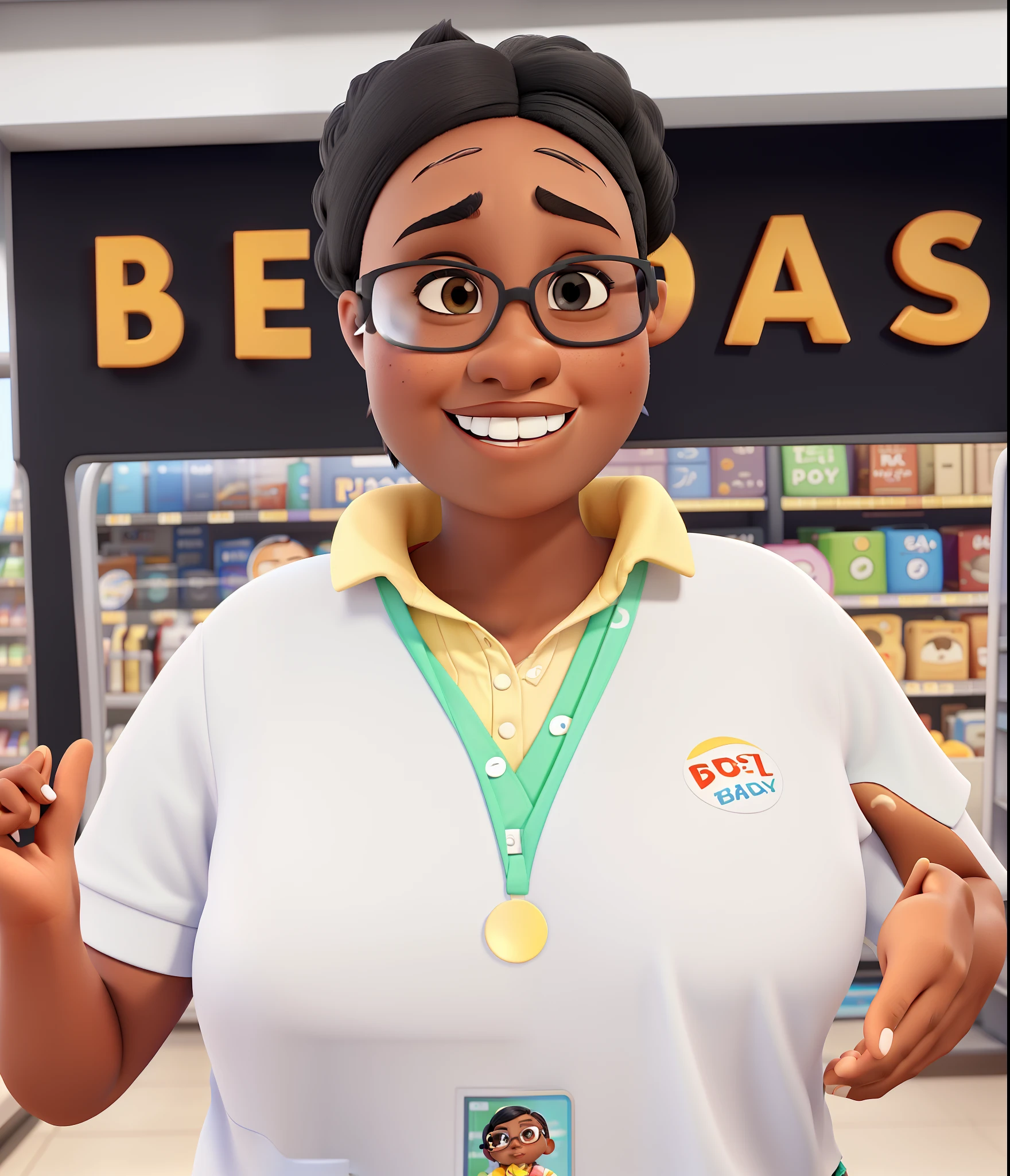3d Pixar-style character of a black woman, round face, angled black eyes, thick lips, glasses, wide nose, short black hair pulled back, a little fat, with a white t-shirt and polo collar, inside a supermarket, in front of shelves, smiling and pointing with hands