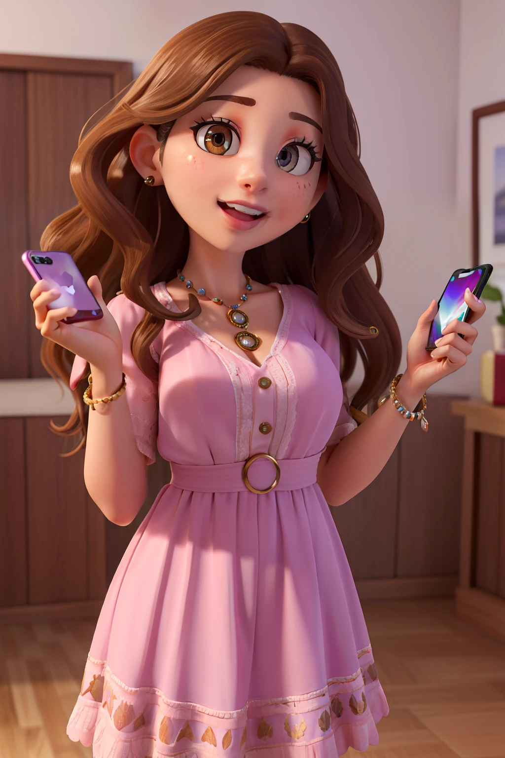 (best quality,4k,highres:1.2),ultra-detailed,photorealistic,beautiful detailed eyes,beautiful detailed lips,extremely detailed eyes and face,longeyelashes,brown wavy hair,brown skin,happy 30-year-old woman,joyful,delighted,expressing surprise while buying her iPhone,colorful,captivated by her new iPhone,lilac dress