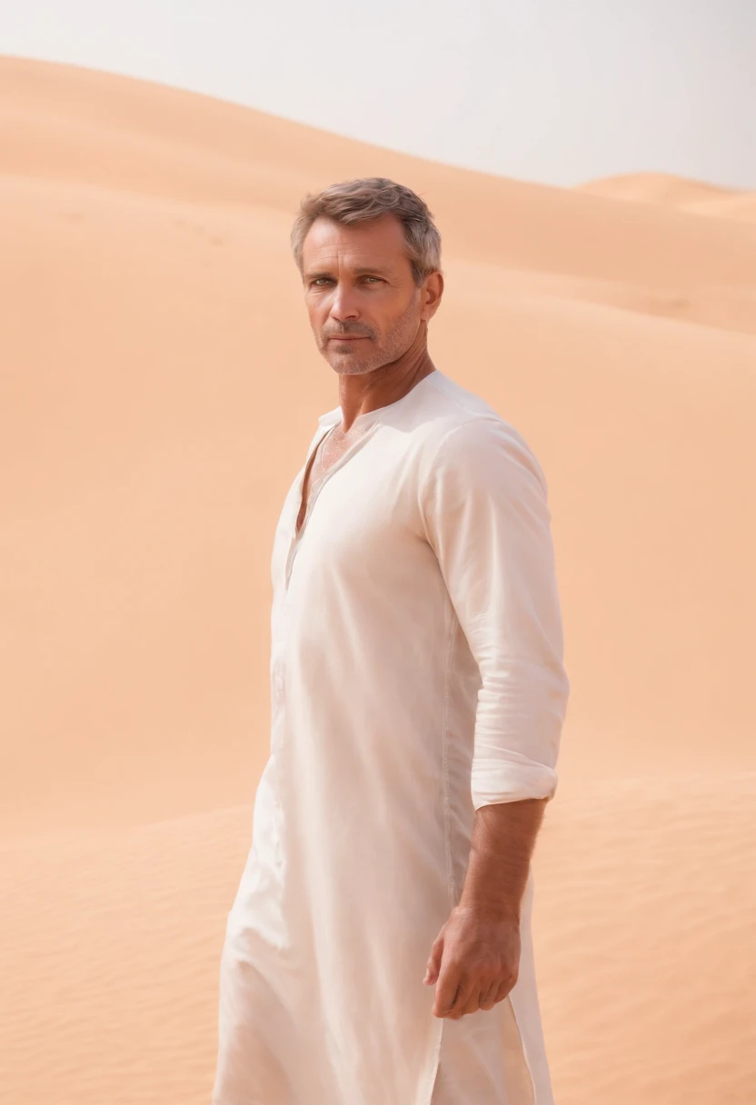 Beardless man with his back to the desert, very short hair, dubai en fond, 50m from the camera, high contrast, couleurs chaudes, ultra realist, highly detailed, complicated, mise au point nette, profondeur de champ, Prise de vue moyenne, Hdr, 8k, (hyperrealism:1.2), (photoreallistic:1.2), prise avec le Canon EOS 5D Mark IV