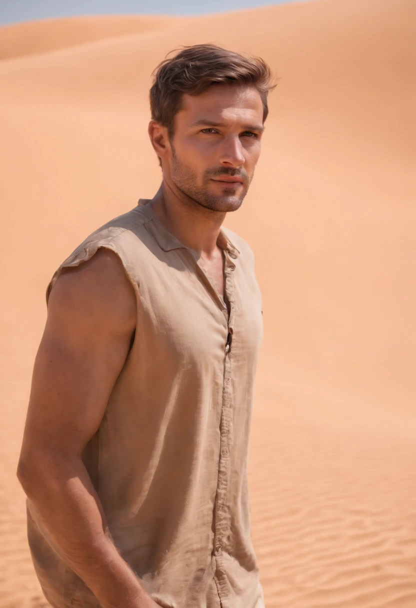 Beardless man with his back to the desert, very short hair, dubai en fond, 50m from the camera, high contrast, couleurs chaudes, ultra realist, highly detailed, complicated, mise au point nette, profondeur de champ, Prise de vue moyenne, Hdr, 8k, (hyperrealism:1.2), (photoreallistic:1.2), prise avec le Canon EOS 5D Mark IV