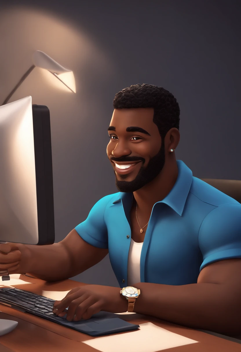 tall black man, straight black hair without beard, dark blue shirt, smiling working on computer 3D disney cartoon