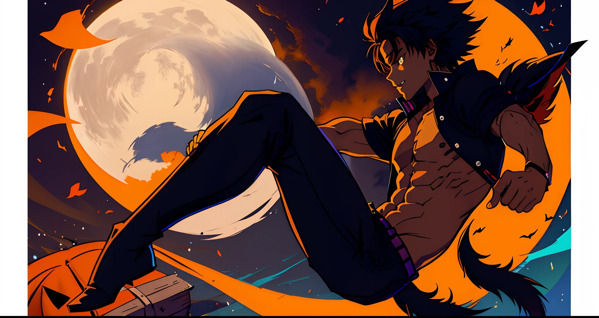 Black young boy with black tail, werewolf, halloween anime art