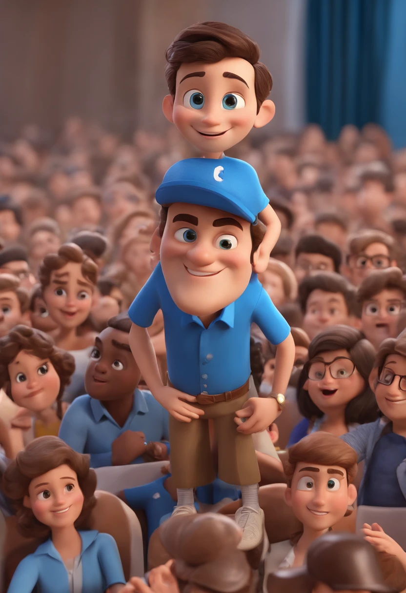 Personagem de desenho animado de um homem jovem de cabelos lisos com 18 anos de idade e camisa azul, animation character, Caractere estilizado, Animation-style rendering, 3D estilizado, render 3d estilizado, toon render keyshot, Personagem 3D, Personagem 3D, 3d rendering stylized, 3D character rendering, personagem de desenho animado, Personagem de close up, Pose de personagem, (Estilo Pixar) (parte mestre:1.2) (Bokeh) (melhor qualidade) (pele detalhada) (textura detalhada) (8k) (Argília) (cinematic lighthing) (Focas afiadas)  In a large room with a crowd of people, muitas pessoas adorando, large crowd, audience in the background, in a large hall, room is full of people, pessoas apreciando o show, grand hall, grand hall, enthusiastic crowd, crowds of people praying, huge crowd, vista completa da sala, muitas pessoas, massive crowd, large crowd |
