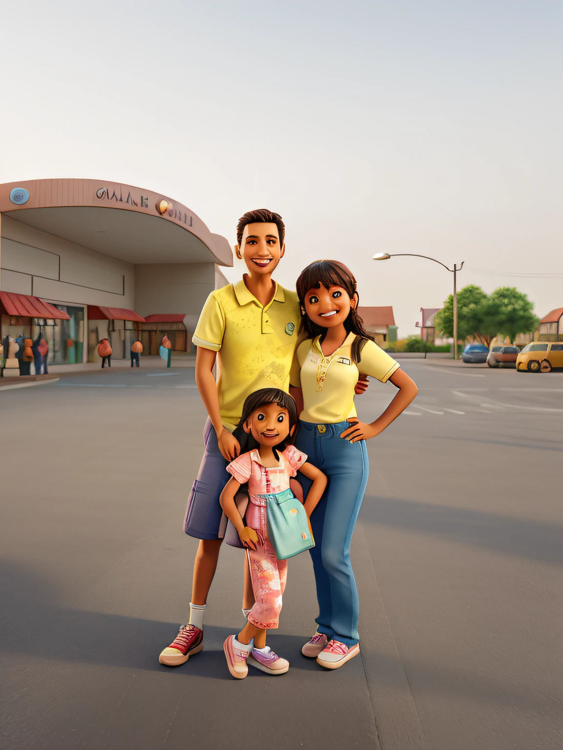 Mother, Father and daughter with beautiful smile, with a children's store scene in the background, ultra realistic, realistic, 3d, detailed