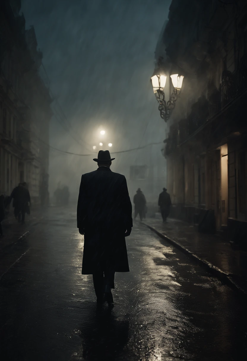 (best quality,highres,masterpiece:1.2),dark and dramatic scene,imposing Russian mobster,night,stormy weather,strong and intimidating figure,wearing a sharp suit,piercing eyes,menacing expression,aged and weathered face,shadows and flickering lights in the background,mysterious atmosphere,suspenseful ambiance,eerie silence,moody lighting,ominous clouds,heavy rain,city skyline in the distance,gritty and sinister feel,damp streets,secrets hidden in the darkness