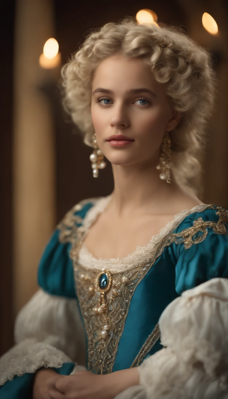 Imagem de um menino Valois, a young French courtesan of the sixteenth century of the fourteenth century, de 16 anos, com sua beleza e charme . Blonde with white hair and beautiful expressive blue curly eyes with small strands and braids. She is dressed in an exquisite teal dress with white details with pearls and gold, com um decote mergulhante. Joias finas, colar com muitas perolas e safiras, brincos de perolas e aneis em seus dedos. (melhor qualidade,ultra-realistic:1.2),A high resolution ,ultra-detalhado,