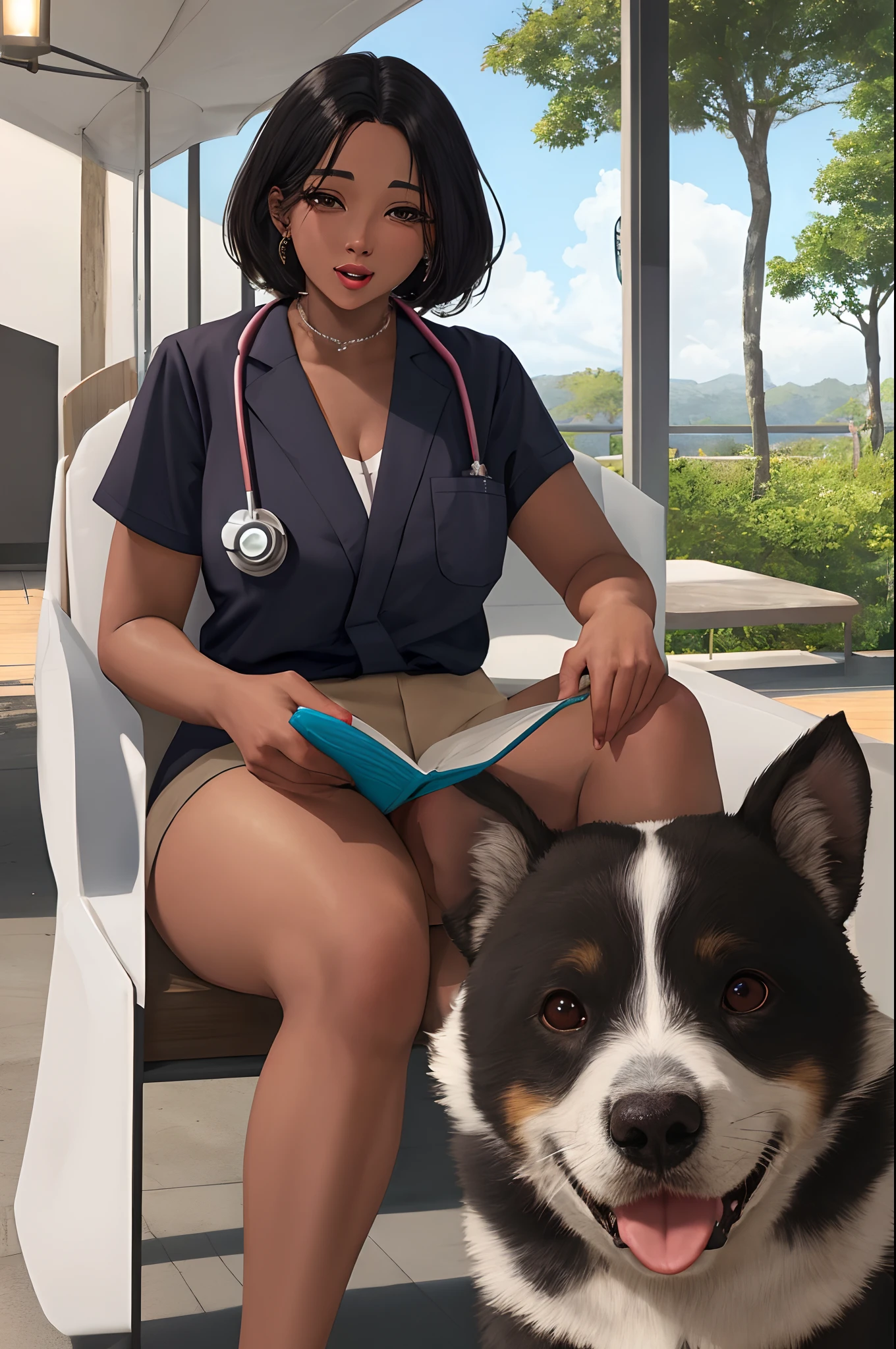 Veterinarian Female Doctor Brown Skin Color Round Nose And Big Slanted Eyes With Big Mouth, de cabelo preto alisado ate o ombro, usando jaleco e examinando cachorro