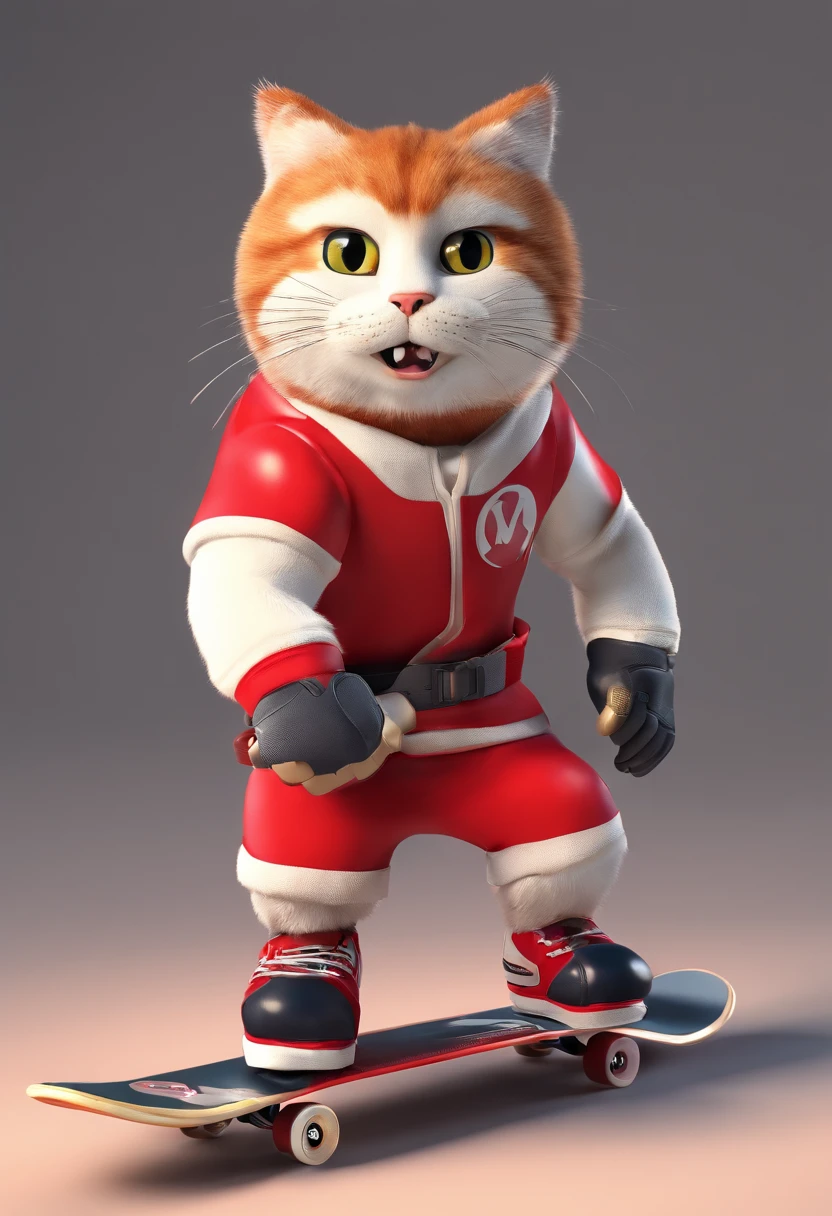 um gato com pele vermelha e branca, vestido com roupas esportivas e se movendo em um skate.