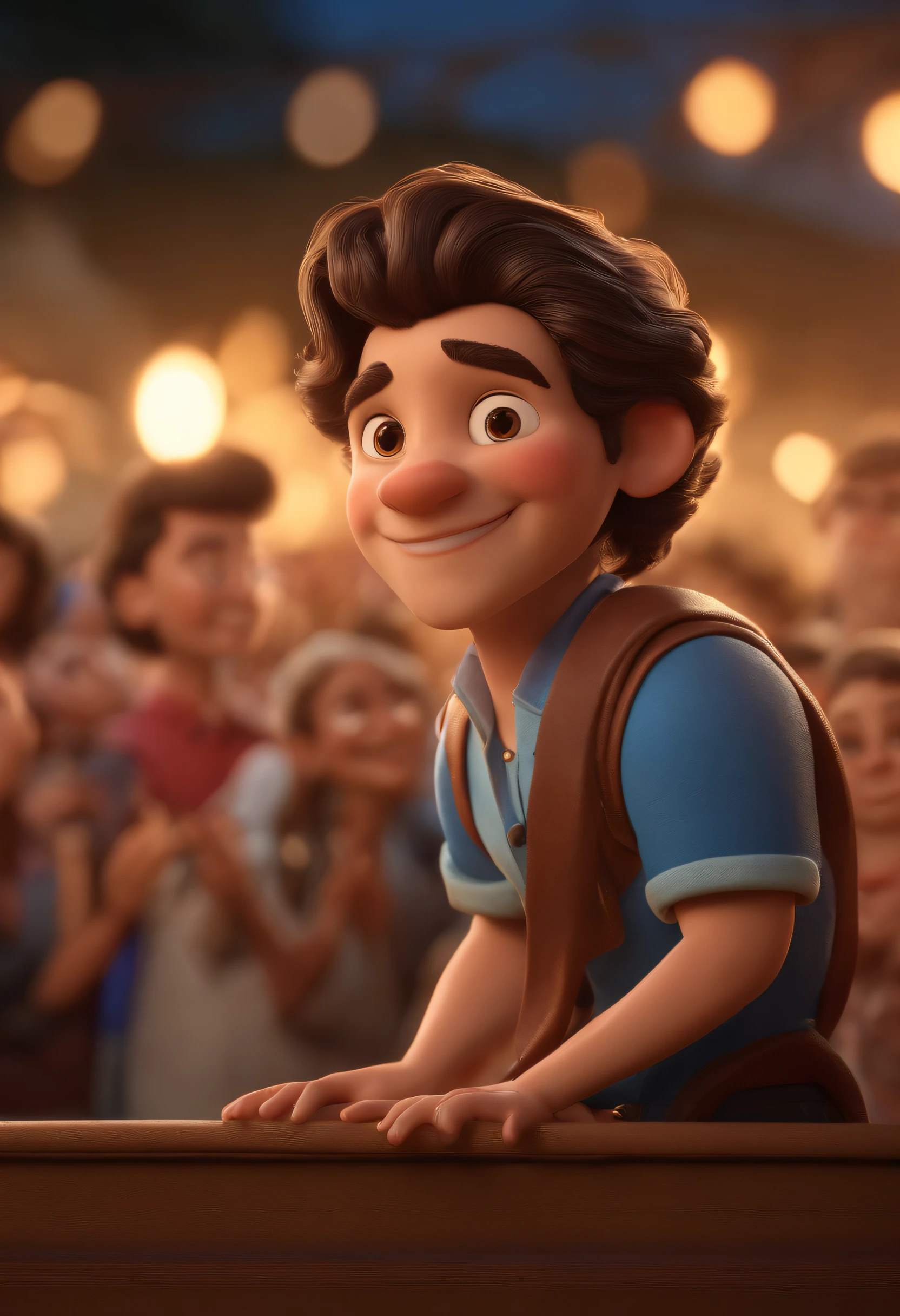 Personagem de desenho animado de um homem jovem de cabelos lisos com 18 anos de idade e camisa azul, animation character, Caractere estilizado, Animation-style rendering, 3D estilizado, render 3d estilizado, toon render keyshot, Personagem 3D, Personagem 3D, 3d rendering stylized, 3D character rendering, personagem de desenho animado, Personagem de close up, Pose de personagem, (Estilo Pixar) (parte mestre:1.2) (Bokeh) (melhor qualidade) (pele detalhada) (textura detalhada) (8k) (Argília) (cinematic lighthing) (Focas afiadas) In a large room with a crowd of people, muitas pessoas adorando, large crowd, audience in the background, in a large hall, room is full of people, pessoas apreciando o show, grand hall, grand hall, enthusiastic crowd, crowds of people praying, huge crowd, vista completa da sala, muitas pessoas, massive crowd, large crowd |