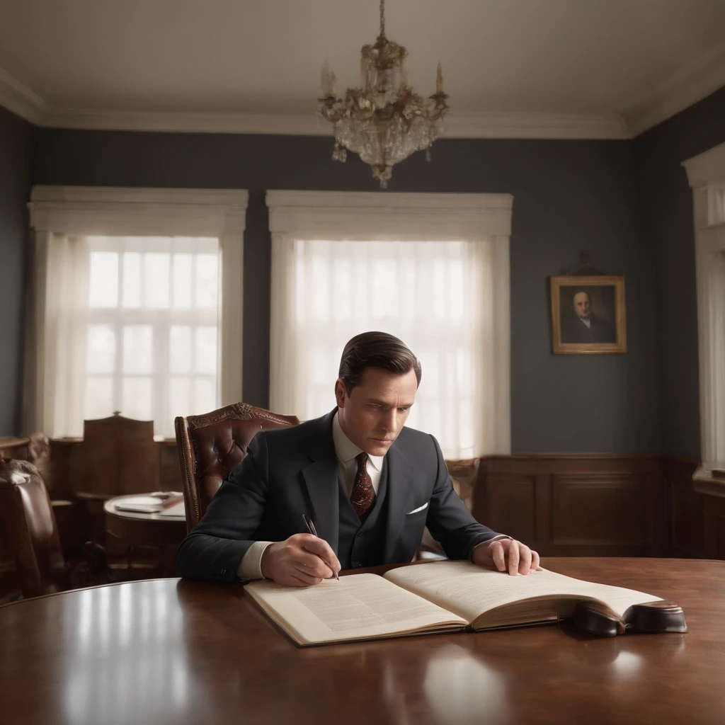 (Professional 3D rendering:1.3) de (Realistic:1.3) Physical Appearance: Imagine a middle-aged man with dark hair cut short in the style of the 1950s. He wears a crisp dark gray suit, a thin tie, and polished leather shoes, all in keeping with the classic fashions of the time. . His face expresses determination and a hint of concern, reflecting the complexity of the challenges he faces.
Background Scenario: Our protagonist is in an office with dark wood walls and heavy curtains that block out sunlight. A bookcase filled with antique books and confidential documents occupies one wall, while a typewriter rests on a mahogany desk. The ambience is austere and charged with mystery, a vivid representation of the Cold War era and government secrecy.