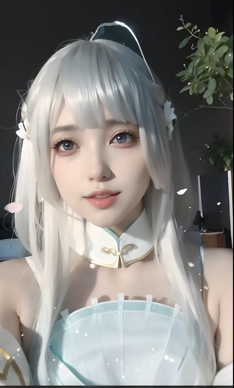 [detailed description of the scene, character, and style:](best quality,highres,masterpiece:1.2),ultra-detailed,physically-based rendering
A woman with snowy white hair and a white dress stands in a mesmerizing garden. Her hair flows elegantly down to her waist, framing her face beautifully. Her eyes are captivating, with a subtle shade of pale blue, reflecting her inner wisdom. Her lips are delicately shaped, giving her a serene and graceful appearance. The woman exudes an air of tranquility and confidence.
The garden surrounding her is a heavenly spectacle, with vibrant and lush flowers blooming in every corner. The sunlight filters through the trees, casting warm rays on the scene. The atmosphere is filled with a sense of peace and harmony, as if time has stopped in this enchanting place.
The style of this artwork is a fusion of anime cosplay and the aesthetics of Fuji film. The woman's appearance is inspired by the character Cold Mei from Live2D's virtual Youku main model. She embodies the mystique and elegance of ancient civilizations, adding a touch of nostalgia to the overall composition.
The colors in this artwork are reminiscent of the soft hues found in classical paintings. The delicate shades of blues, pinks, and whites create a dreamlike atmosphere, enhancing the ethereal beauty of the scene. The lighting is carefully crafted to highlight the woman's features, casting soft shadows that add depth and dimension to the overall image.
]
It's a very contextual scenario，Woman standing in the garden，She has silvery-white hair，Dressed in a long white dress。Her hair fell to her waist，Gracefully wrapping around her face。Her mesmerizing eyes were a faint blue，Show your inner wisdom。Her lips are soft，Brings her a serene and elegant temperament。The woman exudes an atmosphere of serenity and confidence。
The garden that surrounds her is a mesmerizing sight，Flowers full of life are everywhere。The sun shines warmly through the trees。There is a sense of tranquility and ha