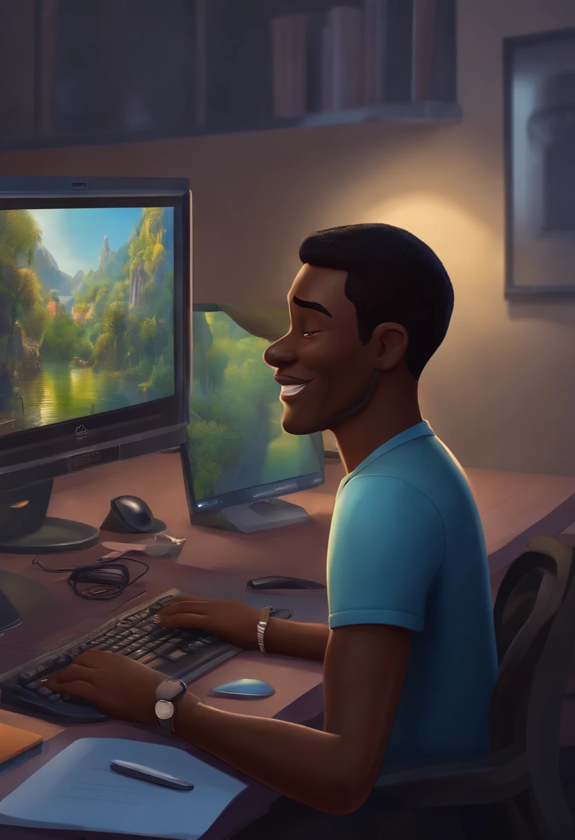 tall black man, straight black hair without beard, slim
dark blue shirt, smiley working on computer 3D disney cartoon