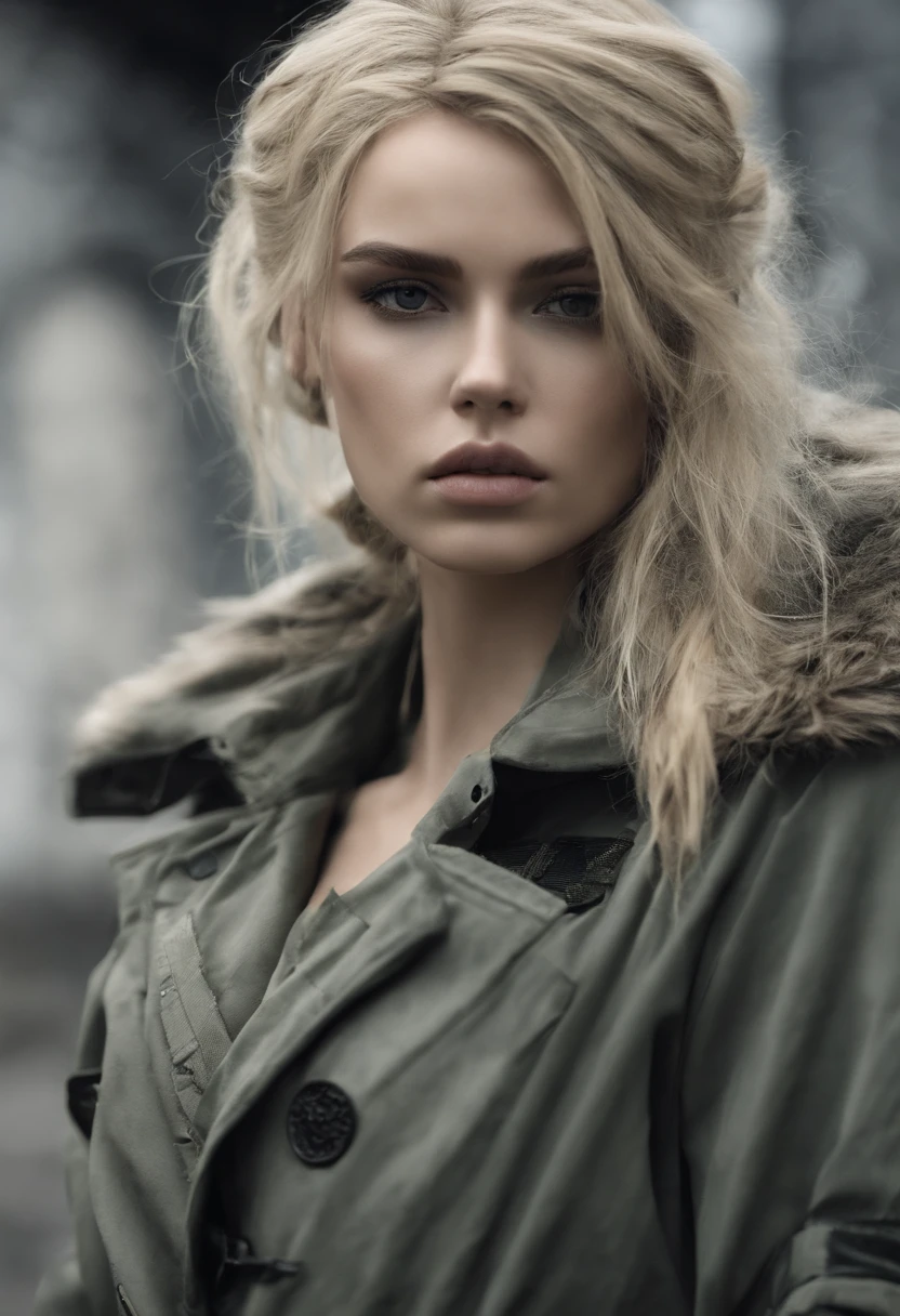 Fille russe, militaire, Trench-coat, cheveux blonds, yeux bleus