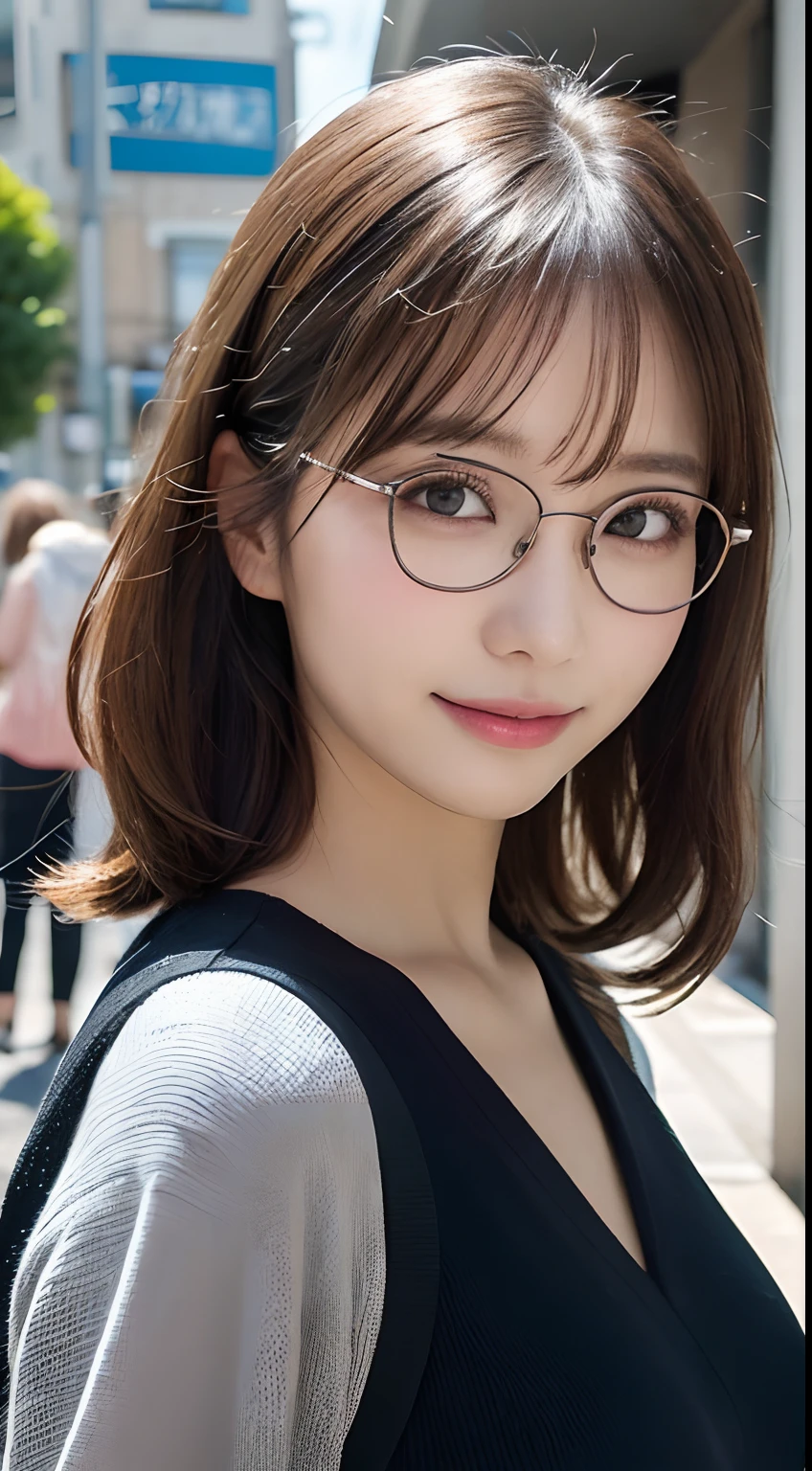 A close up of a woman wearing glasses on a city street - SeaArt AI