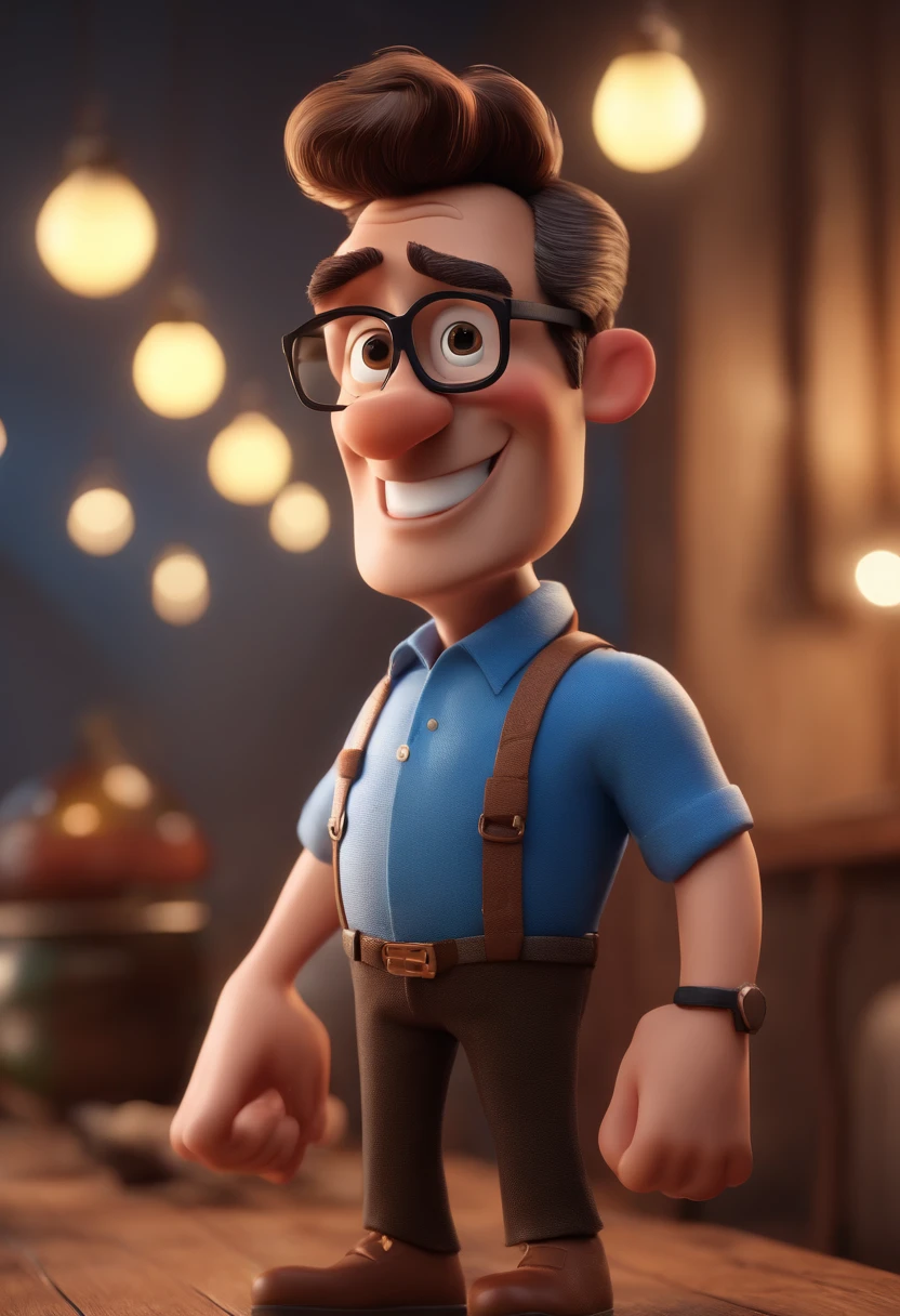 Cartoon character of a man with black glasses and a blue shirt, animation character, Caractere estilizado, animation style rendering, 3D estilizado, Arnold Maya render, 3 d render stylized, toon render keyshot, Personagem 3D, Personagem 3D, 3d rendering stylized, 3 d character render, personagem de desenho animado, Personagem de close up, Pose de personagem, (Estilo Pixar) (master part:1.2) (Bokeh) (best quality) (pele detalhada) (textura detalhada) (8k) (argila) (Cinematic lighting) (foco nítido