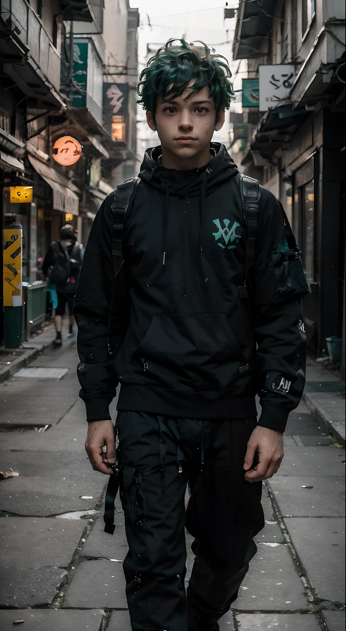 (midoriya_izuku), (high resolution), (ultra detailed), full body shot, look at viewer, street wear, A handsome boy, frontal, green hair, on the street, super high detail, high real, 4K, super detail, anime boy, anime style, cyberpunk city background