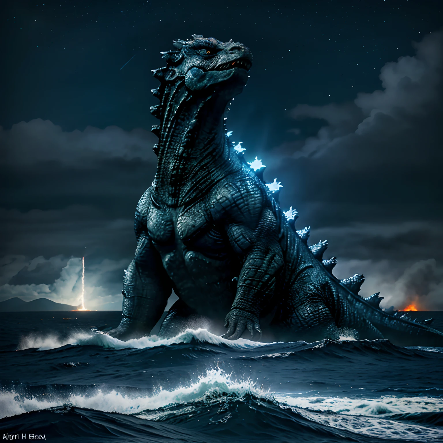 Godzilla, angry, atomic breath, dark blue sea, dark sky, 16k ultra high hd, highly detailed, realistic,
