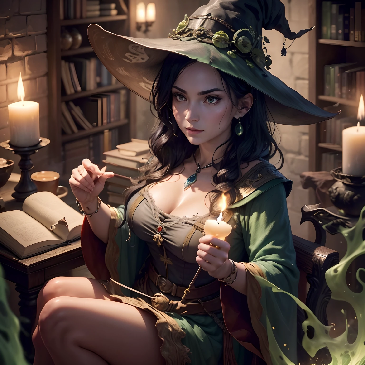 (High quality , ultra-detailliert , Hand Detail , finger detailed ) Scene of tall and beautiful Romanian witch with black hair concocting spells and elixirs in the potion room. In this room there is a、There is a vast library of magic books and floating candles floating on the witch and her chemistry. There is a pot of black witches filled with a bubbling green liquid,、It's far off.、It's stirring itself