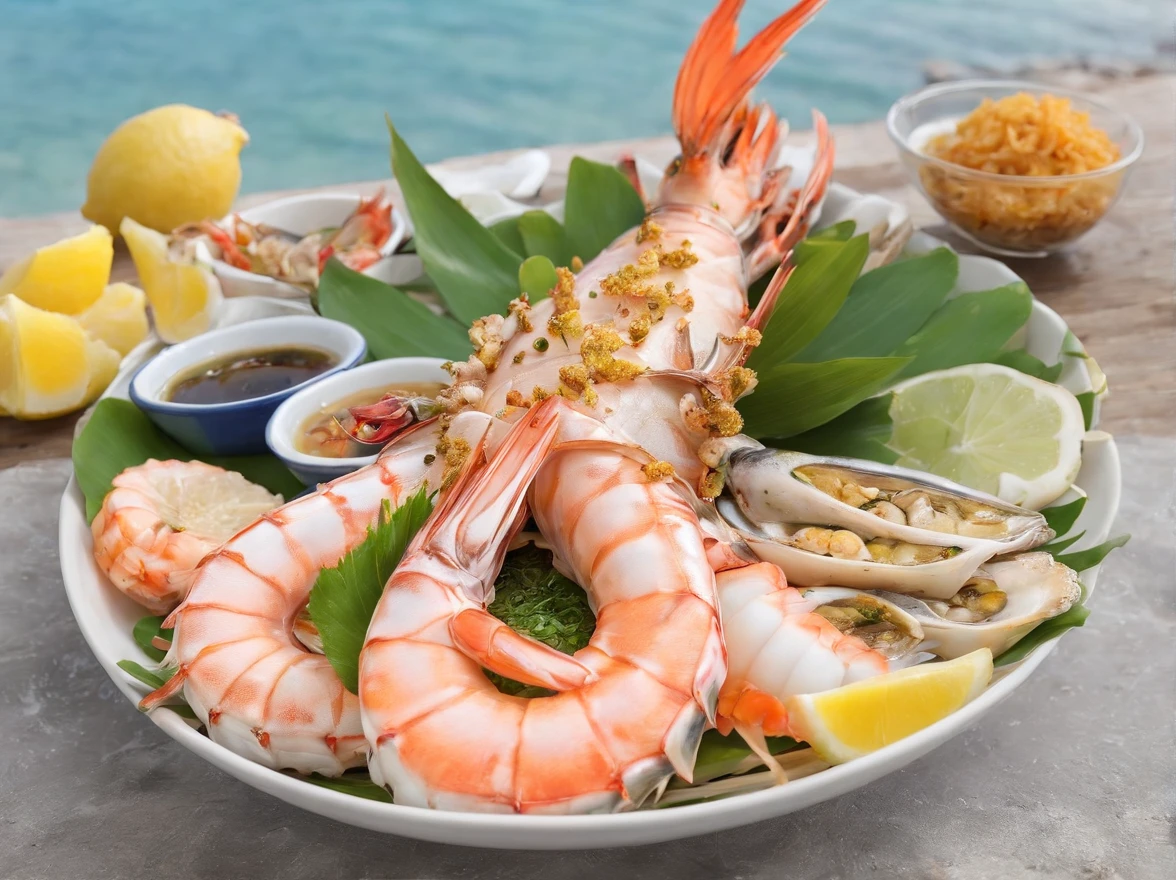 A mouthwatering plate of Balinese seafood, featuring grilled fish, prawns, and calamari, drizzled with fragrant Balinese sambal matah, the scene is set on a pristine beach with the sun setting over the ocean, casting a warm glow on the food, Photography, 50mm lens, f/2.8, --ar 16:9 --v 5