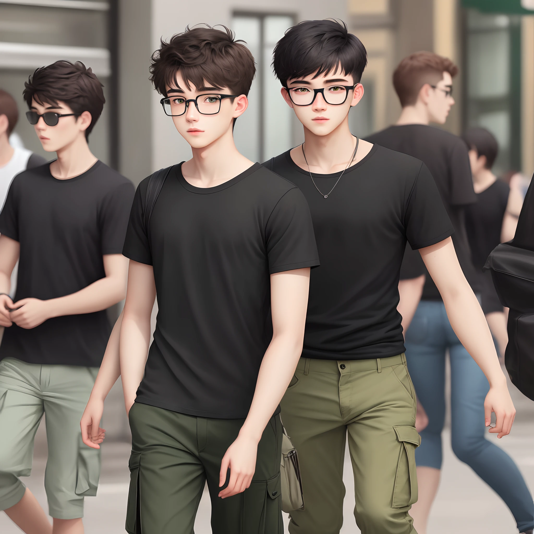 18 year old man with green glasses, plain black t-shirt, olive cargo pants,side part short hair
