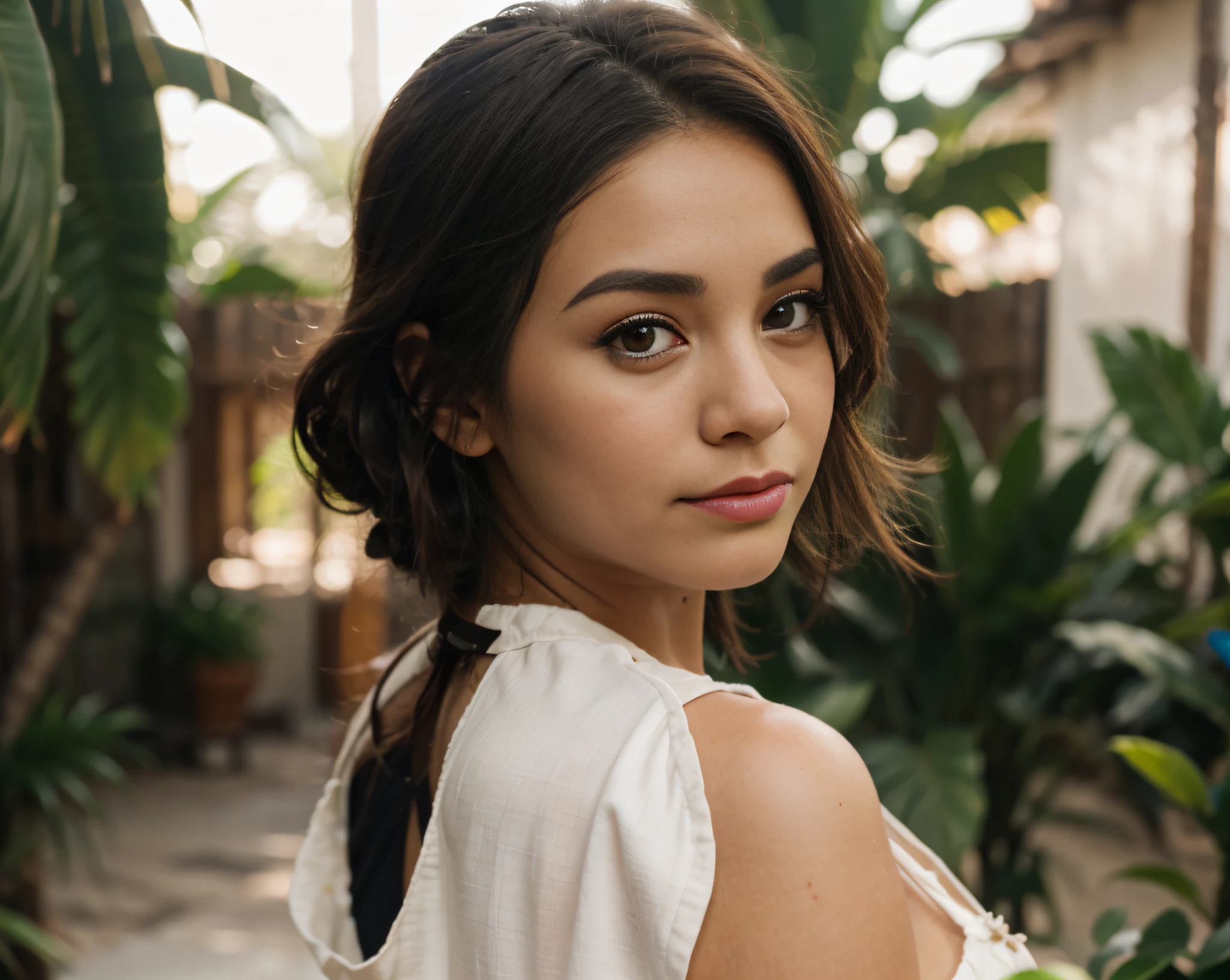 high detail, photorealistic, 8k, high quality, blurred background, photograph of a woman walking in favela, ((from behind, looking at camera)), tropical plants, wearing white maxi dress, wavy dark brown hair, natural makeup, brown eyes, Latina, Vanessa Hudgens, cleft chin, ((full body)), deep tan skin, glow, sweat, (sunlight, sunshine, sunbeam), high detailed face, eyes in sharp focus, high quality face, high detailed hands, high quality hands, anatomically correct,