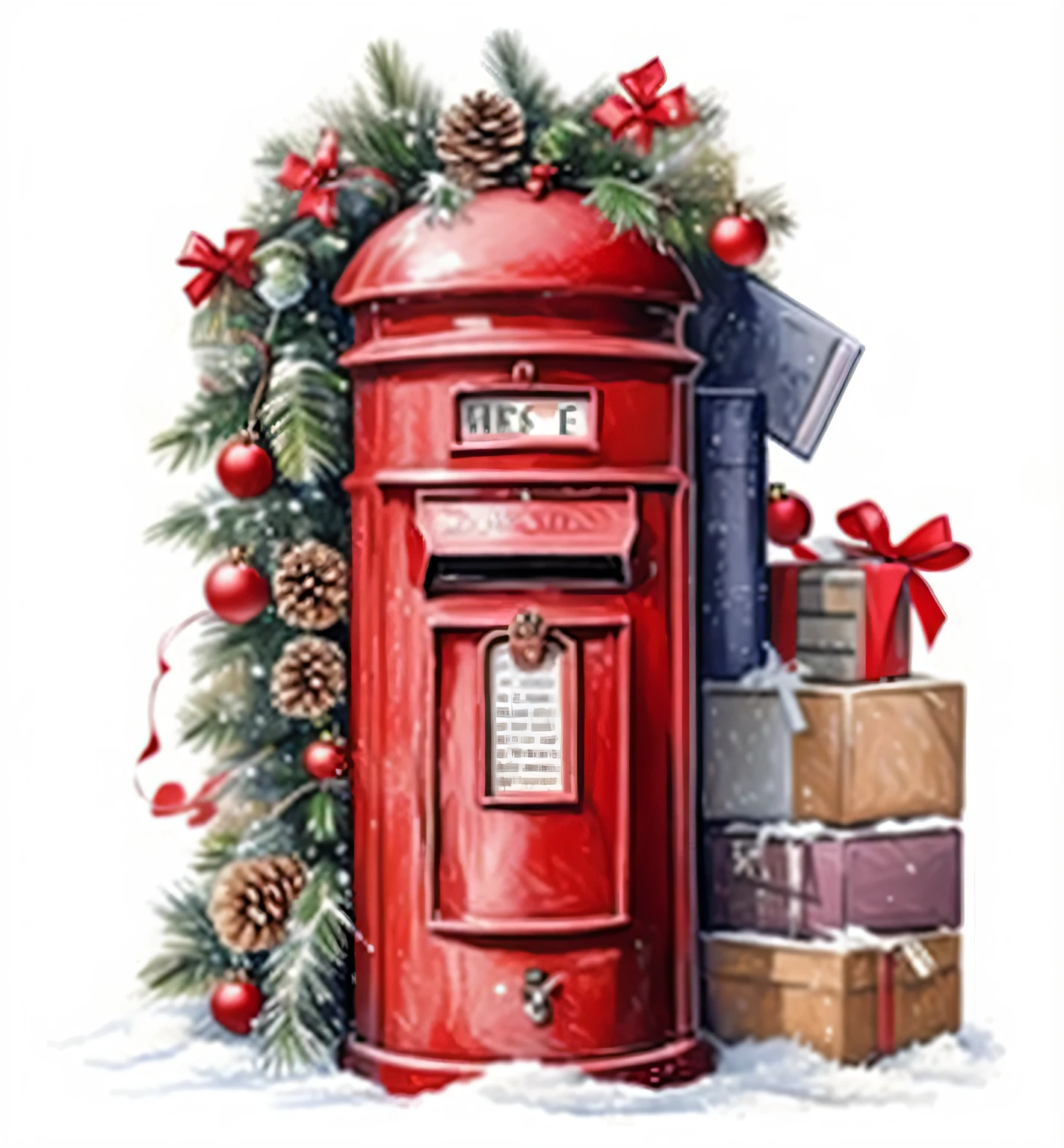 a painting of a red post box with christmas decorations and presents, letterbox, postage, profile image, illustration », 💋 💄 👠 👗, color illustration, profile pic, !!highly detalied, illustrative, rob mcnaughton, gorgeous art, media photo, delivering mail, presents, illustrative art, 🕹️ 😎 🔫 🤖 🚬