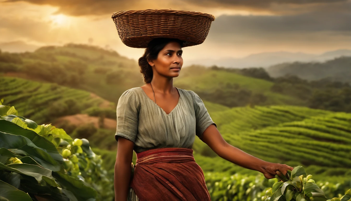 ultrarealism oil painting, arte digital, A farmer and peasant woman who works in the coffee plantation and carries a straw basket of coffee on her head, She's on her back and her face isn't visible, Their arms are raised and balance the basket, In the background it is possible to observe a green field full of coffee trees