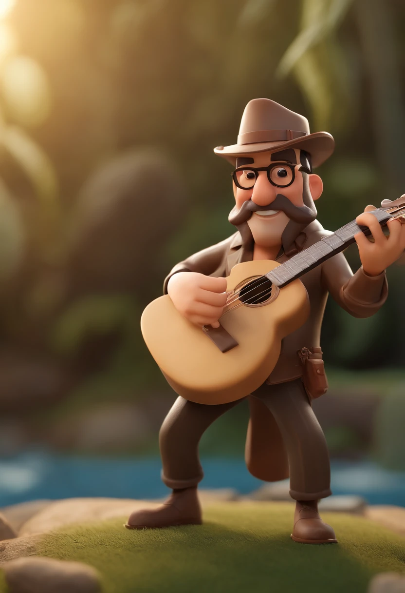 Cartoon character of a man with glasses,Indiana Jones style hat,  com barba, tocando violao.animation character, Caractere estilizado, animation style rendering, 3D estilizado, Arnold Maya render, 3 d render stylized, toon render keyshot, Personagem 3D, Personagem 3D, 3d rendering stylized, 3 d character render, personagem de desenho animado, Personagem de close up, Pose de personagem,  (Estilo Pixar) (master part:1.2) (Bokeh) (best quality) (pele detalhada) (textura detalhada) (8k) (argila) (Cinematic lighting) (foco nítido