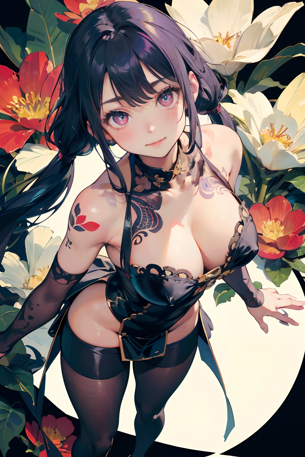 a 20 yo woman、Blackberry Hair、long twintail、Big smile、cleavage of the breast、Thighs at a glance、fishnet tights、Long cheongsam with long purple ankles on open chest、(hi-top fade:1.3)、dark themed、Muted Tones、Subdued Color、highly contrast、(natural skin textures、Hyper-Realism、Soft light、sharp) (masutepiece, of the highest quality, Best Quality, Official art, Beautiful and aesthetic: 1.2), (1girl in: 1.3), Very detailed, (Fractal Art: 1.1), (Color: 1.1) (Flowers: 1.3), (By Yuko Higuchi:1.4), Yuko Higuchi,(by Yow:1.2),(linear art),Line drawing,Pen drawing,Zentangle,(Tattoo patterns:1.2),(complex lines),(masutepiece),(Best Quality:1.1), (Ultra-detailed),Best Illustration,finely detail,hand-drawn high quality,High contrast,(Clean lines:1.3),ligne claire,(Portrait),(very closeup:1.1),1 girl,Solo,The girl is surrounded by red flowers,(Intricate details:1.3),(Detailed background:1.2),(coloured background:1.1),sketch,Intricate details,High resolution