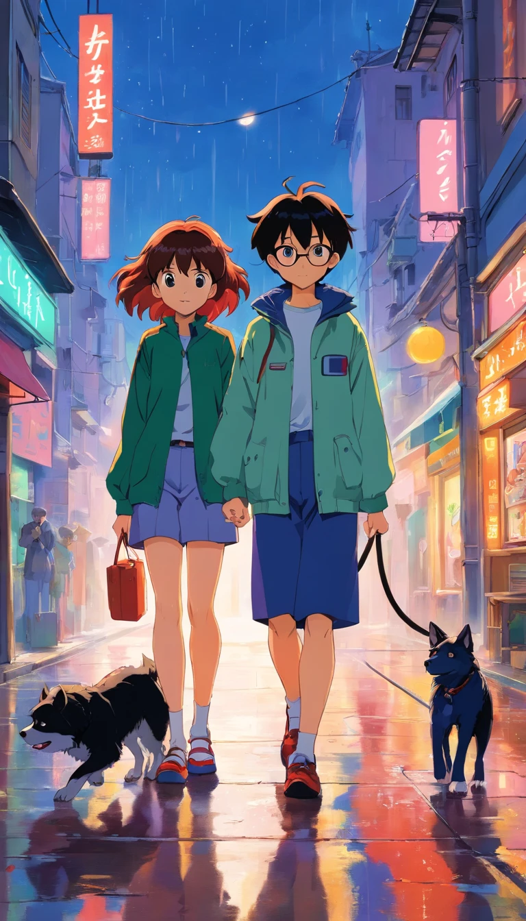 Anime art of Misato Katsuragi from Neon Genesis Evangelion, detailed scene, stunning details, trending on artstation, rainy day, ray-traced environment, vintage 90's anime artwork. A couple 25 years old. The girl has curly brown hair and the boy has straight black hair. They are walking their two black Border Collie dogs.