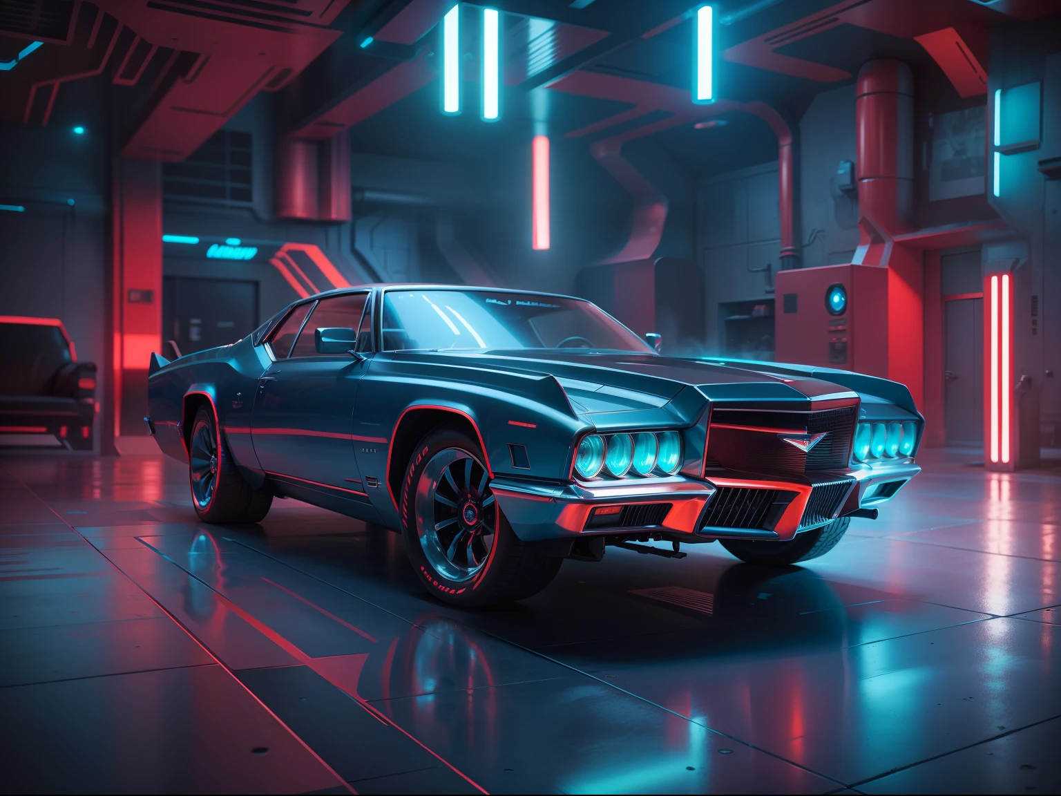 1970s style futuristic Cadillac supersonic, crimson colors, electric blue, smoky black, baby blue, full body shot, fantastic realism, robotic, hyperrealistic, cinematic lighting, futuristic interior design, robot, 8k