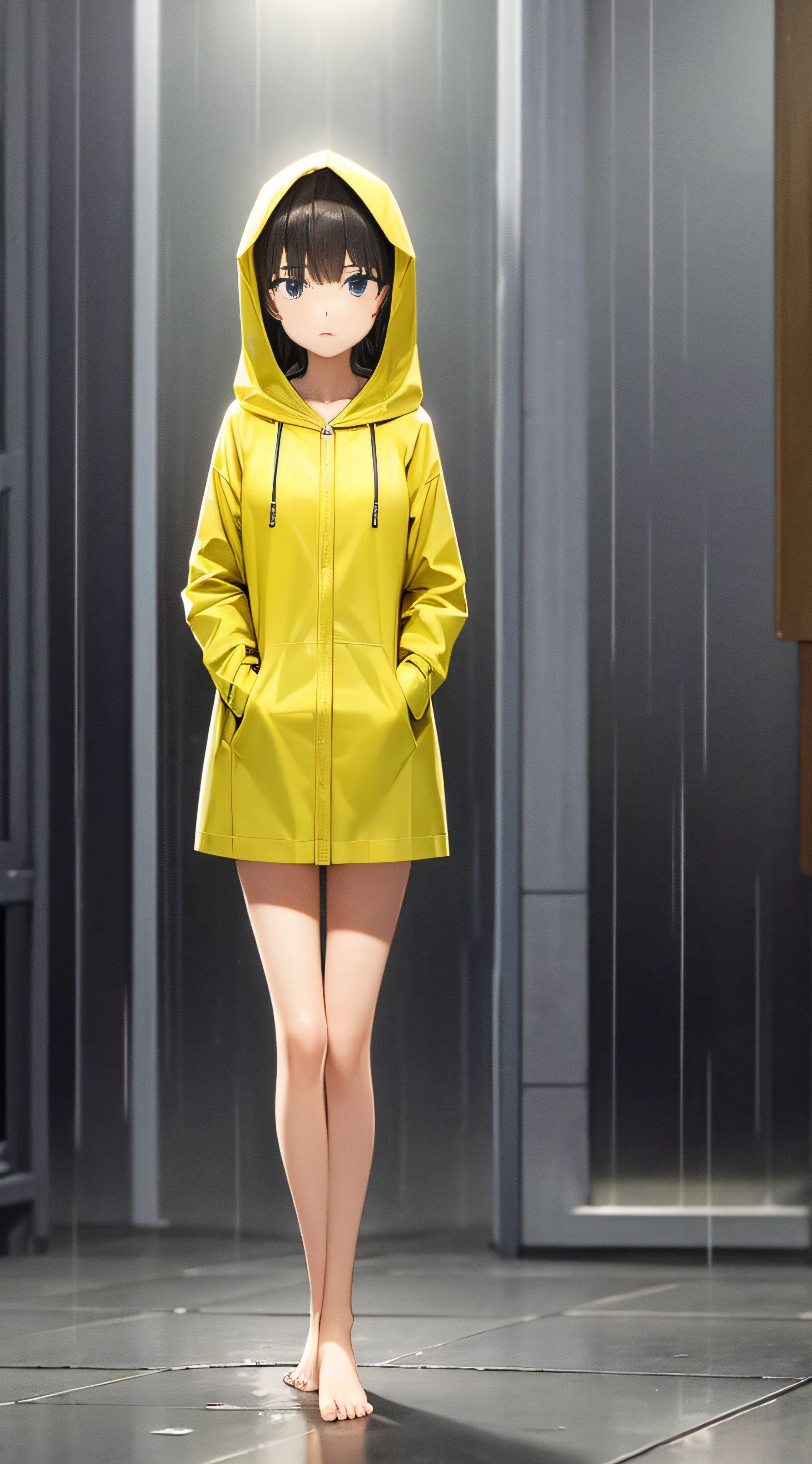 A fifteen-year-old girl，Wear a yellow hooded raincoat，full body pov，stand posture，Bare legged，Barefoot，Standing in heavy rain，Accentuate the texture of raincoats and gelcoats，Accentuates the translucent texture of the raincoat