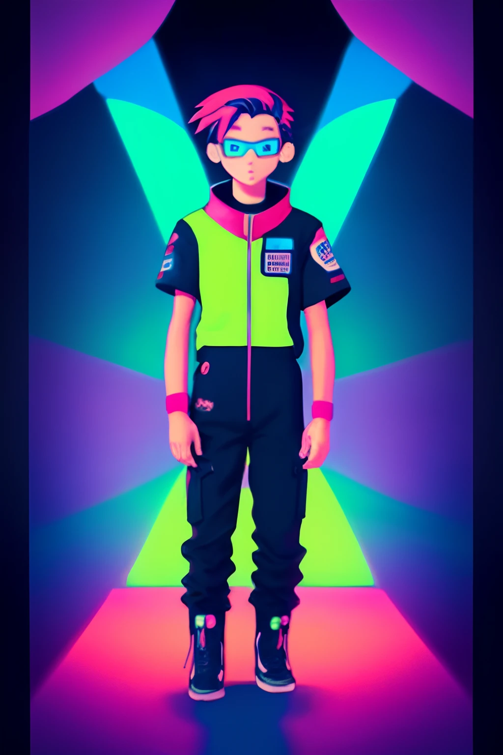 Masterpiece, Best Quality, High Quality, High definition, High Quality, Anime , Dressed in an astronaut suit, Neon pink and blue colors, scar, sticker, Neon Style Pool Shot, Put your hands in your pockets,, Expressionless, Black background