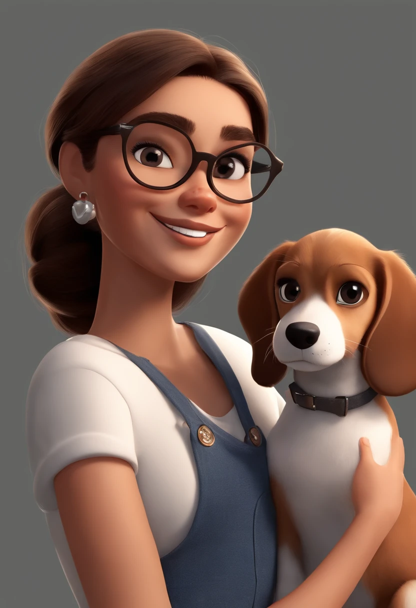 Pixar. Casal com um filhote de cachorro beagle marrom. A tem os cabelos loiros amarrados, Camiseta cinza e jeans claro, white glasses. O meninobelos pretos com cabelos grisalhos, barba pequena, oculos, Dark blue jeans and gray t-shirt. They are both smiling and are 40 years old