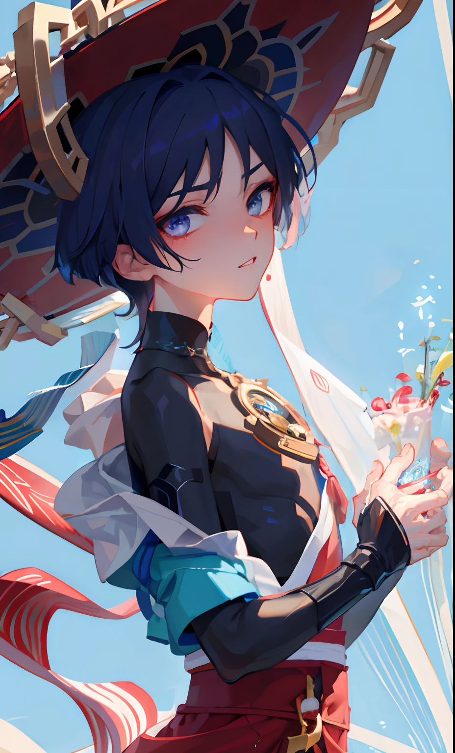 (Masterpiece), (Best Quality), (Ultra Detailed), (Wanderer), Upper Body Nudity, Night, Sexy Look, Handsome, Eager to Watch, Blushing, Tsundere Features